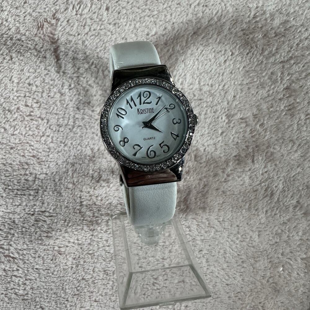 Kristine Womens Quartz Watch Rhinestone Bezel White Band